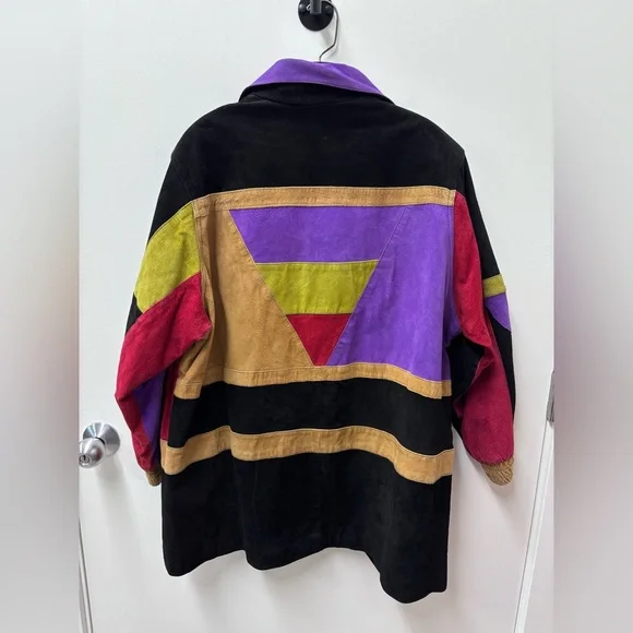 Vintage 1980s Roaman's Color-Block Long Suede Geometric Jacket